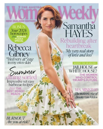 Samantha Hayes poses on the cover of The Australian Women's Weekly New Zealand Edition, wearing a white floral dress and light jewelry.