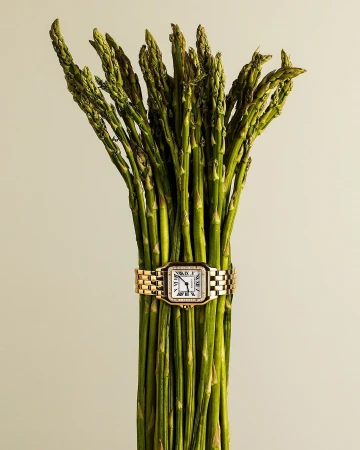 Still life studio shot of green asparagus stalks bundled with a gold wrist watch on a cream background showcasing luxury food and lifestyle.
