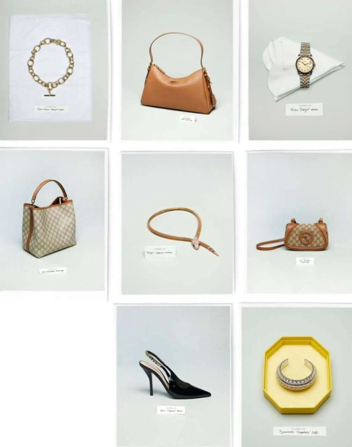 Collage of studio images showcasing fashion accessories including handbags, jewelry, a wristwatch, and a black high-heeled shoe on neutral backdrops.