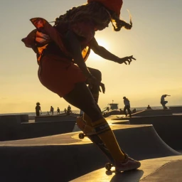 Low angle silhouette of a skateboarder executing a trick on a concrete ramp at sunset by Guy Coombes