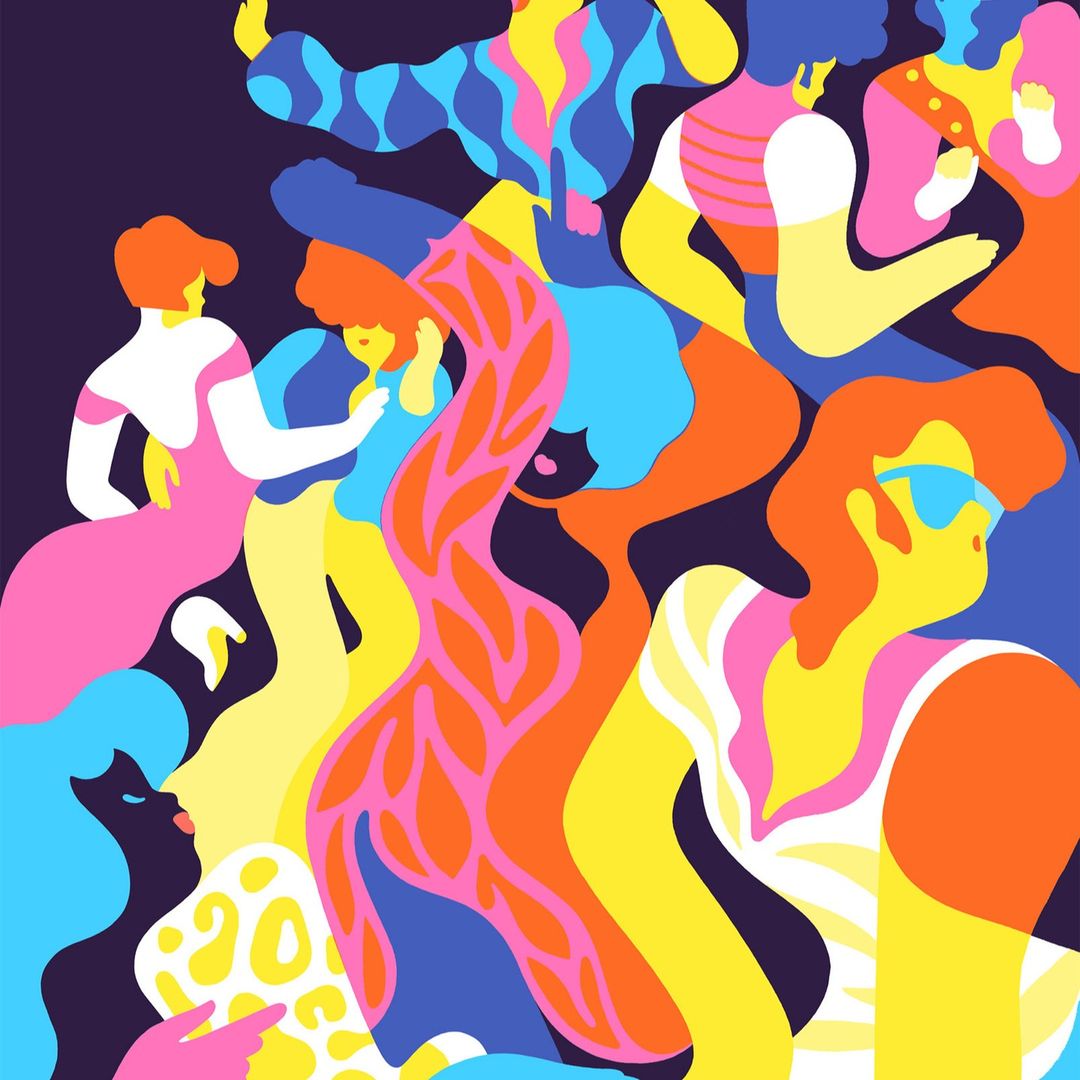 Bright illustration featuring a group of people in motion, depicted in vibrant, contrasting colors and bold graphic style on a dark background.
