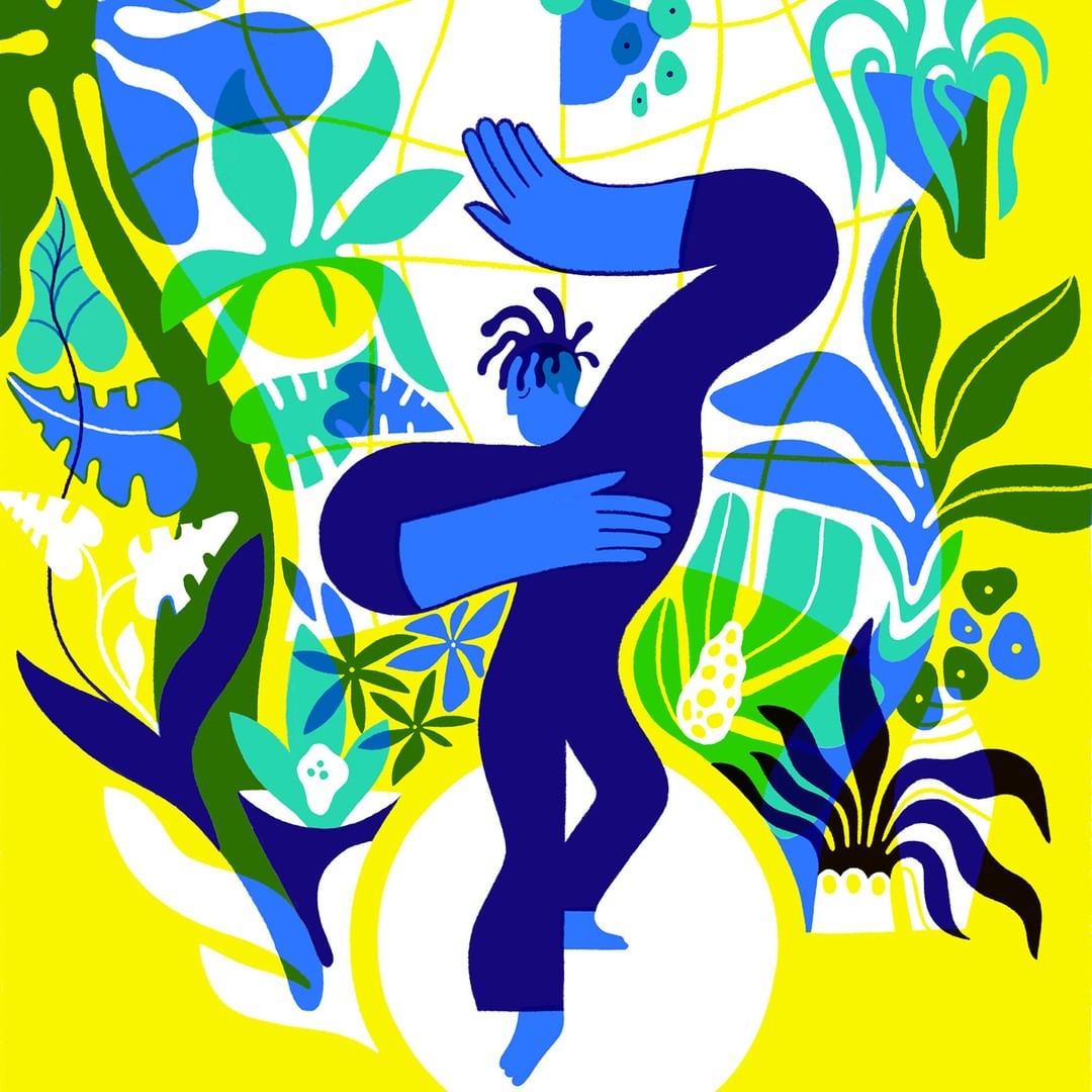 Stylized digital illustration of a blue figure balancing on a white circle, surrounded by various green and blue plants on yellow.