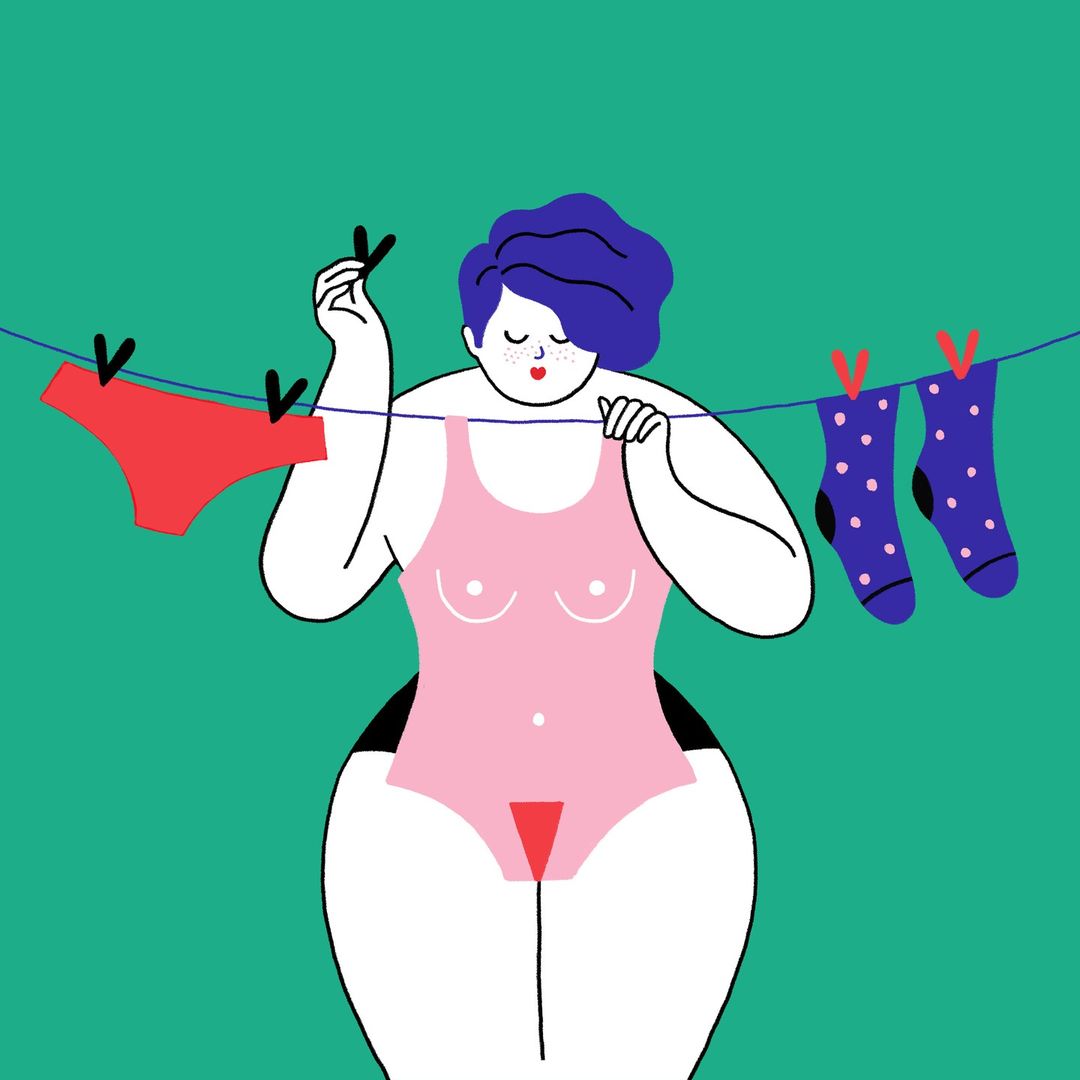 Illustration of a non-binary person hanging laundry on a clothesline, including red underwear and dotted purple socks against a green background.
