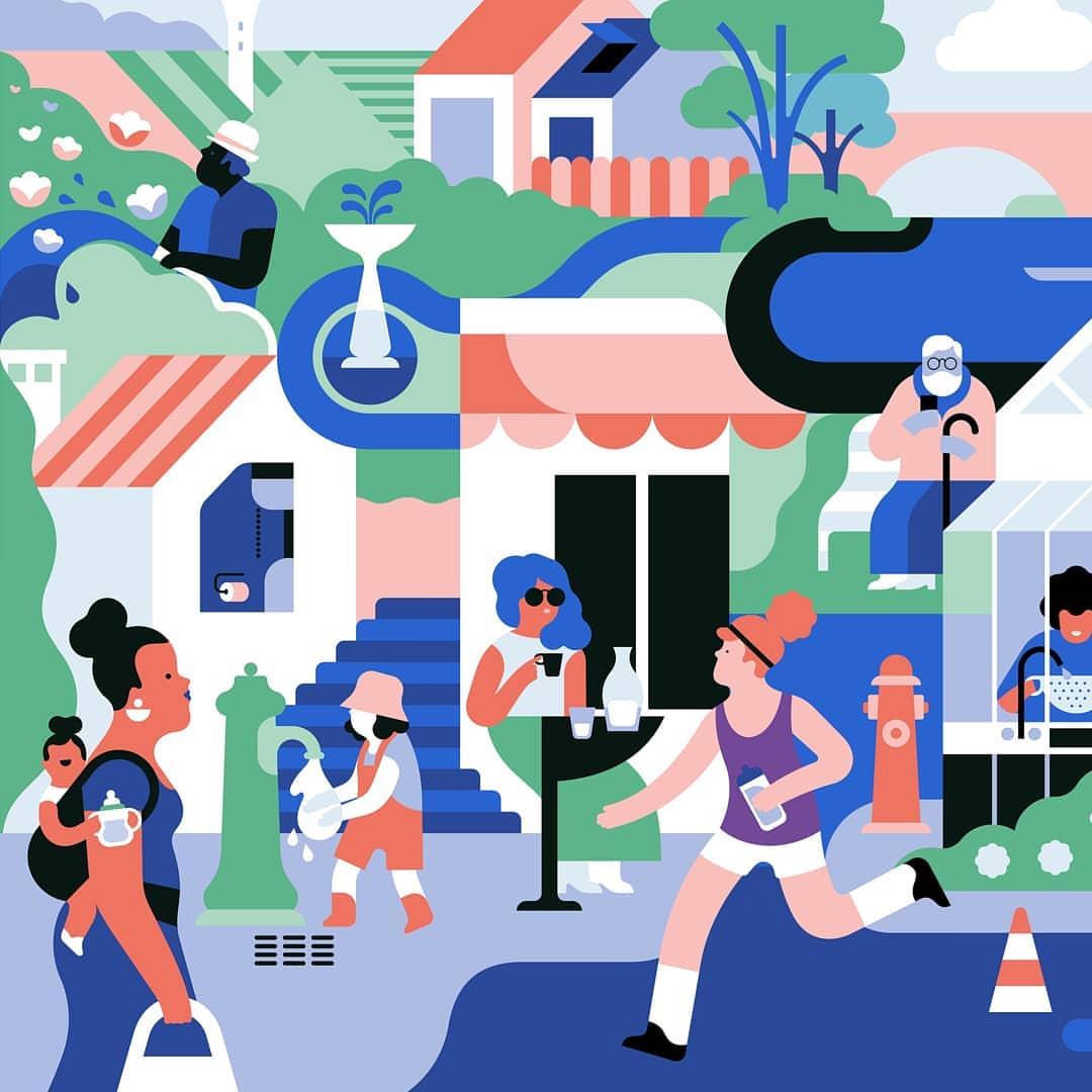 Stylized illustration of a diverse community with people walking, running, and socializing in an outdoor urban environment on a sunny day.