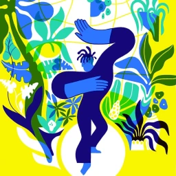 Illustration of a blue stylized figure surrounded by green and blue botanical foliage against a vibrant yellow background