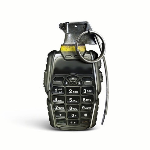 A conceptual image of a cell phone that is shaped like a hand grenade, set against a white background, conveying a message about technology.