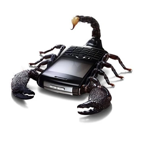 A black mobile phone is creatively combined with scorpion parts, featuring the phone's screen and keypad integrated with claws and a tail.