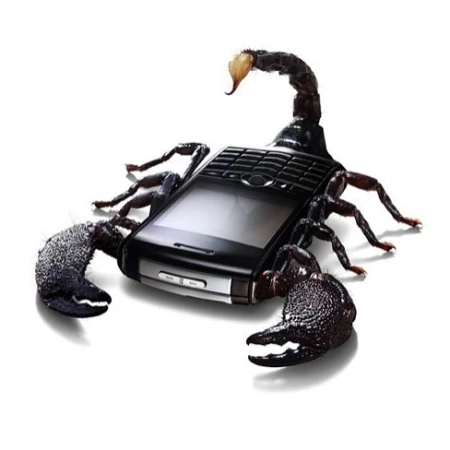 A black mobile phone is creatively combined with scorpion parts, featuring the phone's screen and keypad integrated with claws and a tail.