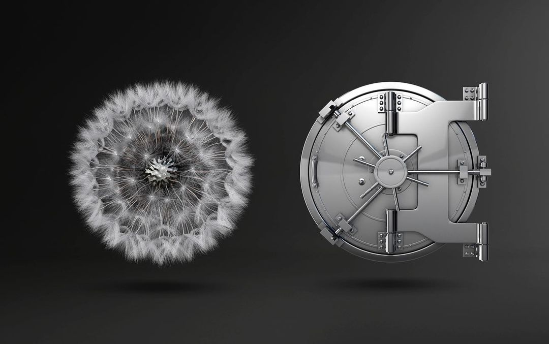 Conceptual shot features a dandelion seed head and bank vault door against a dark background in a studio with soft, diffused lighting.
