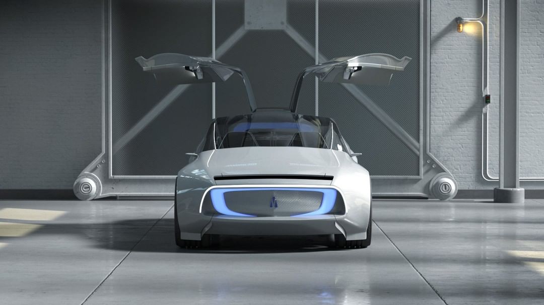 Sleek, modern car with gull-wing doors open in a gray indoor setting, featuring a futuristic design and a light grey color scheme.