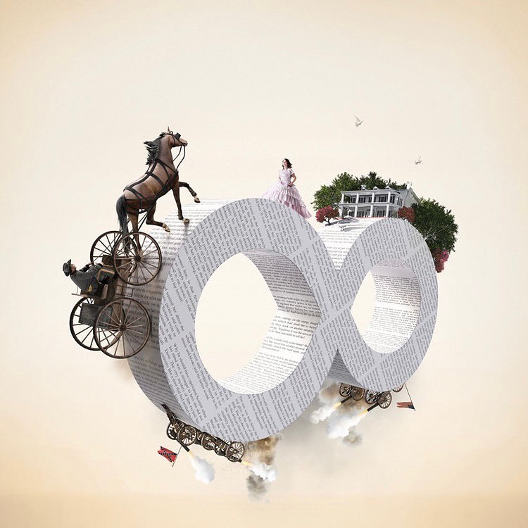 Conceptual collage artwork featuring horse-drawn carriage, steam train, and woman on an infinity symbol, set against a gradient background.