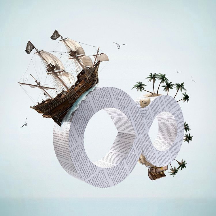 Whimsical image of a pirate ship sailing atop a text-covered infinity symbol, accented by a palm tree island and soaring seagulls.