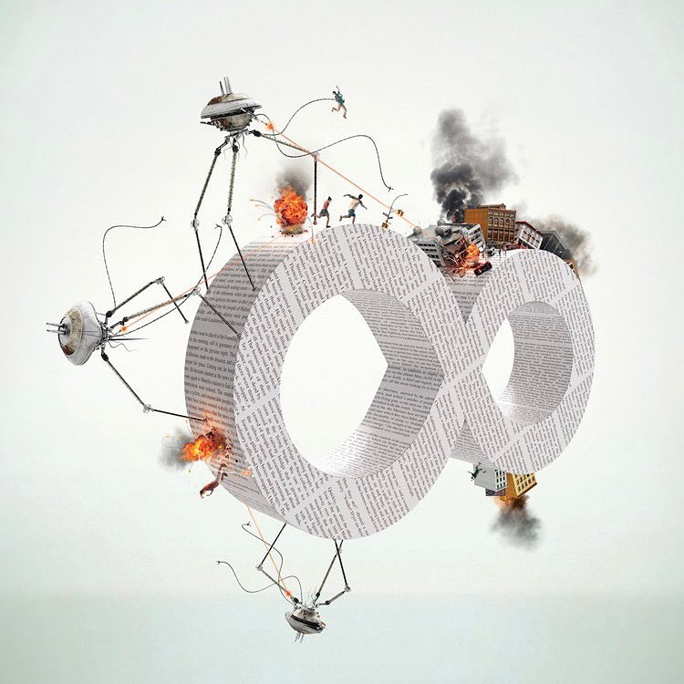 Science fiction image features three-legged robot machines, figures running atop a paper infinity symbol, and burning buildings in the background.