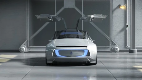 Silver electric concept car with gullwing doors open in a grey industrial garage setting by CGI artist Hac Job