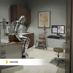 A knight in full silver armor seated on an examination table inside a medical clinic room by Hac Job