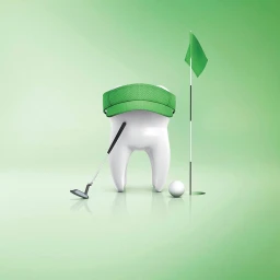 A stylized white tooth wearing a green visor plays golf on a green gradient background with a golf club, ball, and flag.