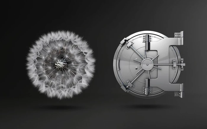 CGI artwork by Hac Job featuring a fluffy dandelion seed head next to a heavy circular metal vault door on a dark grey background.