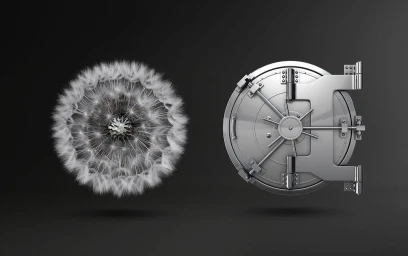 CGI artwork by Hac Job featuring a fluffy dandelion seed head next to a heavy circular metal vault door on a dark grey background.