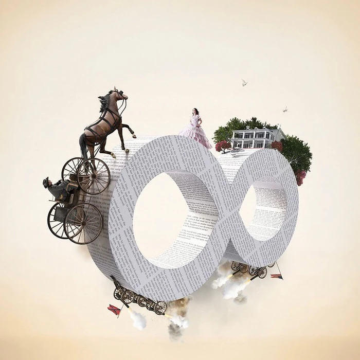 Surreal digital artwork by Hac Job featuring a giant infinity symbol made of printed text populated with miniature figures.
