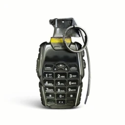 A CGI render of a mobile phone shaped like a military hand grenade with physical keypads and a pull pin against a white background.
