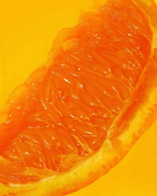 Macro photograph of an orange fruit slice showing the pulpy texture and vibrant color, set against a saturated yellow background.