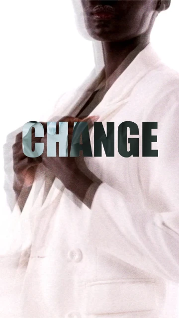 Fashion shot featuring a Black woman in a white blazer with the word 'CHANGE' superimposed over her torso against a white backdrop.