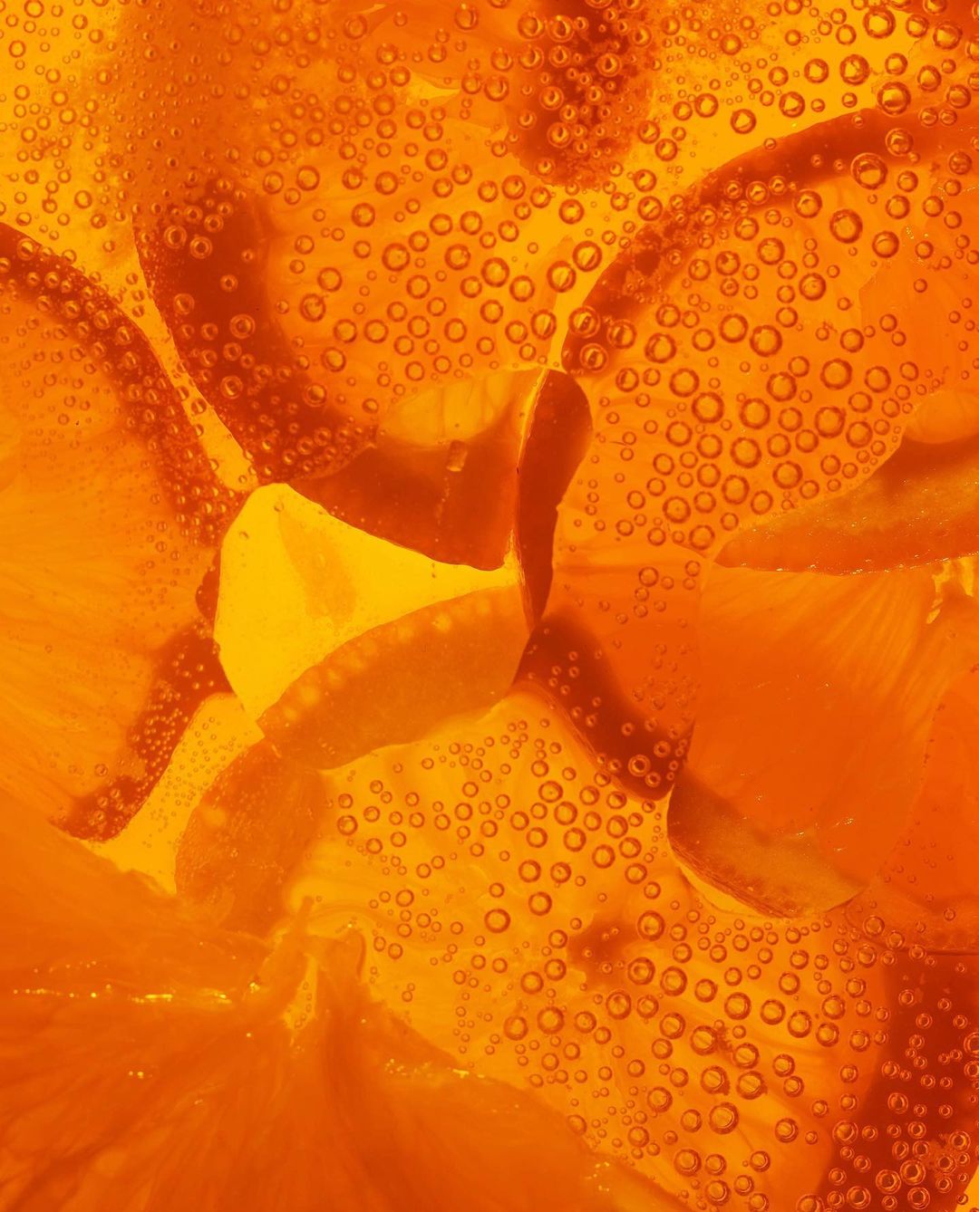 Close-up of orange slices submerged in bubbly liquid, creating a visually striking and refreshing abstract food and beverage composition.