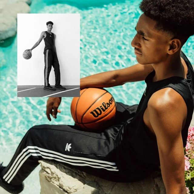 Monochrome composite photo of a young man in athletic wear seated with a basketball in color and a b/w version of him standing.