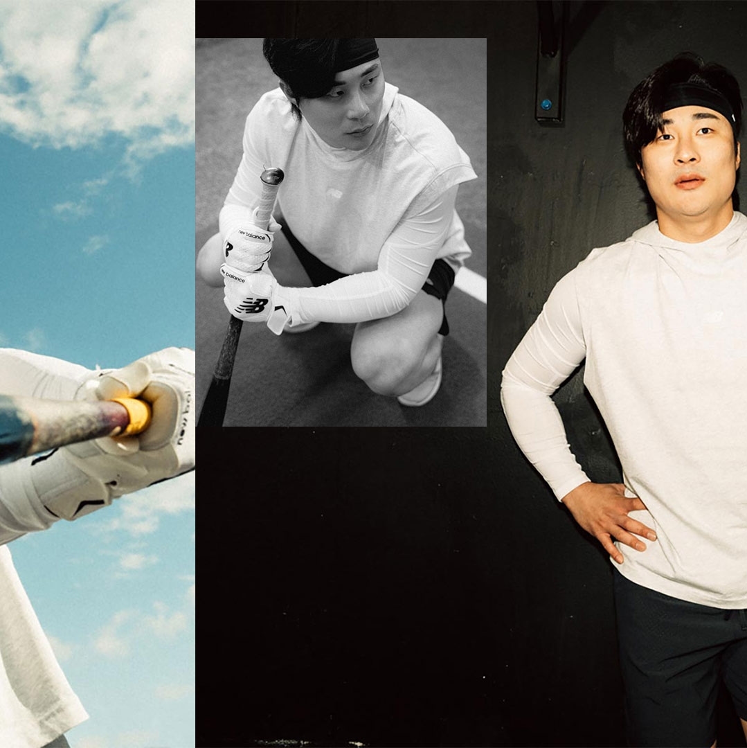 Split-screen shot of a man in athletic wear holding a baseball bat outdoors and a black and white studio portrait of a baseball player.