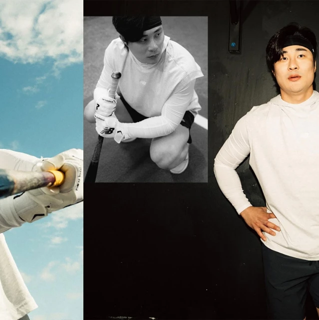 Split-screen shot of a man in athletic wear holding a baseball bat outdoors and a black and white studio portrait of a baseball player.