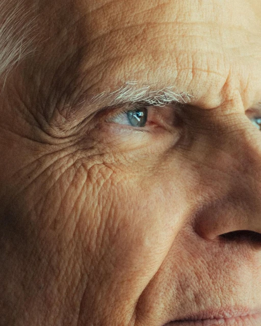 Extreme close-up of an older adult male's face showcasing skin texture, wrinkles, blue eye, and silver hair details in soft, natural light.