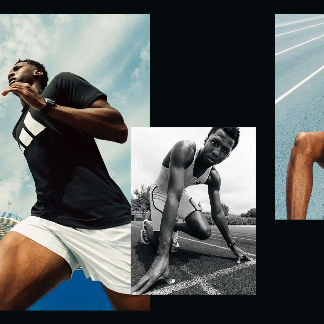 Collage of a young Black male athlete running on a track, photographed from a low angle with a blue sky and cloud background.