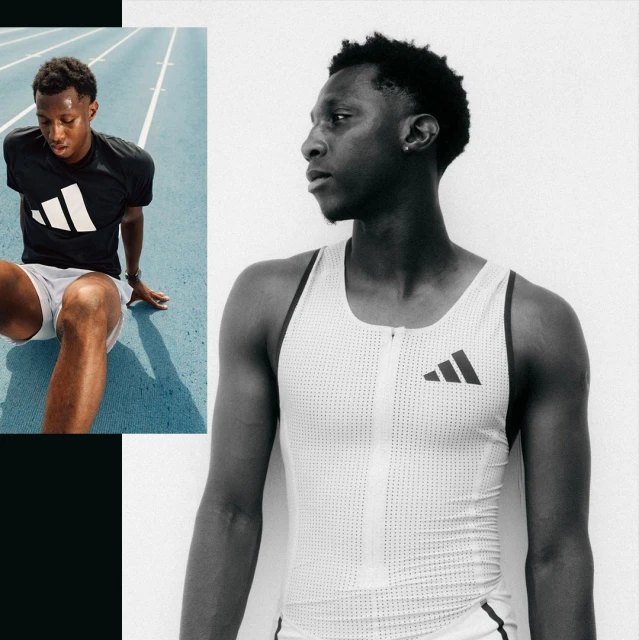 Two black and white athletic images of a dark-skinned male athlete, one on a track, the other with white top, against a white wall.