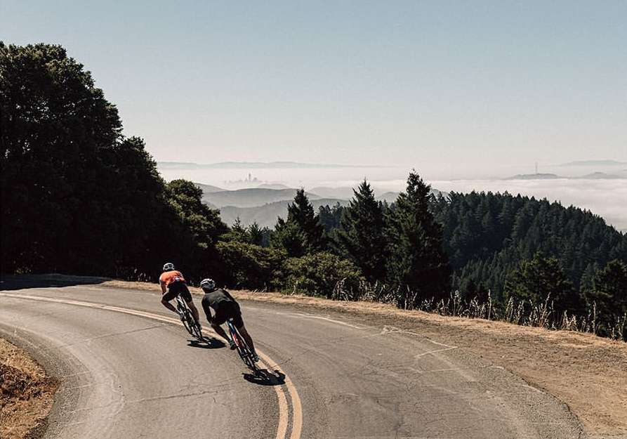 Two cyclists ride on a winding road through a forest landscape, with a city skyline visible in the distance under a clear sky.