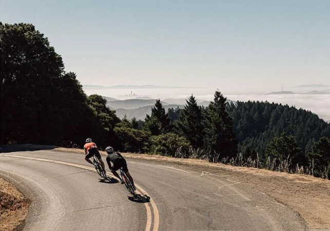 Two cyclists ride on a winding road through a forest landscape, with a city skyline visible in the distance under a clear sky.
