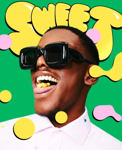 Close-up of a Black man with a wide smile, wearing square sunglasses and a button-down shirt, against a green background with graphic elements.
