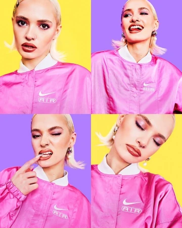 Four-panel portrait of a blonde woman wearing a pink Nike jacket against vibrant yellow and purple backdrops by Hanina.