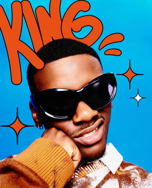 Close-up of an adult male with sunglasses against a blue background featuring stylized orange 'KING' text and star graphics.
