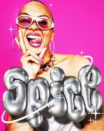 Close-up portrait of a person with a shaved head wearing white sunglasses and a chunky silver necklace against a vibrant pink background.
