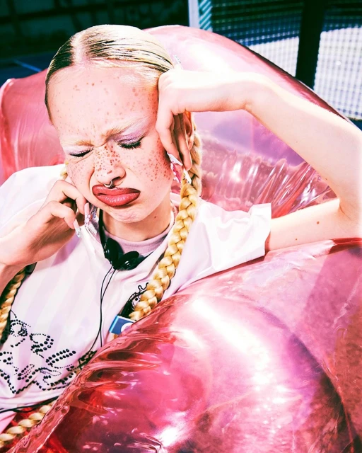 Young woman with braided hair and pink makeup sits in a pink inflatable chair. She wears a white t-shirt indoors.