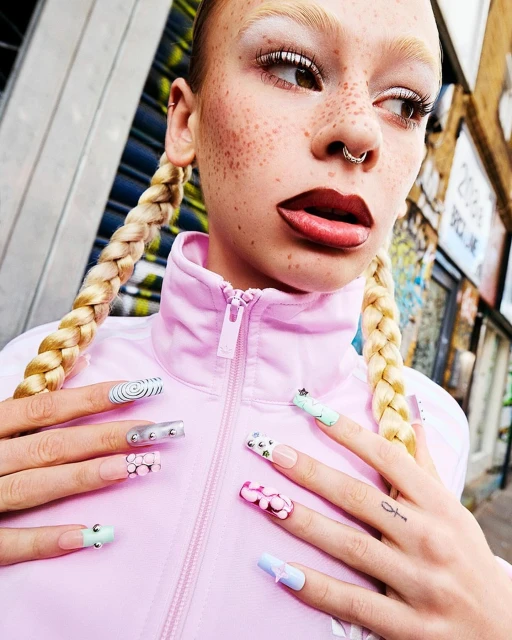 Close-up of a fair-skinned adult female with blonde braids and vibrant makeup, showcasing detailed nail art, in an urban setting.