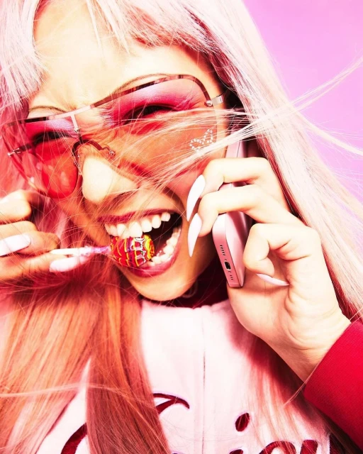 A woman with pink hair and sunglasses poses with a phone and jewelry in her mouth against a pink background in a beauty and fashion shot.