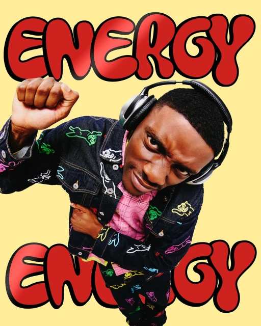 Young adult raises fist while wearing patterned denim jacket and headphones, with the word 'Energy' shown in a red, outlined font.