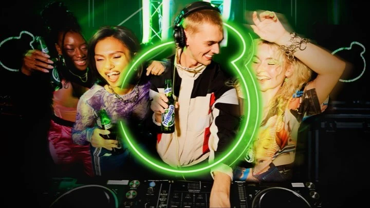 Dynamic nightlife scene featuring diverse individuals, a DJ with headphones, vibrant green neon lights, and Tuborg beer bottles.