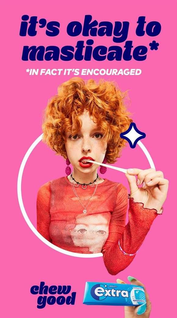 A young woman with red curly hair is chewing gum, an 'Extra' gum package sits in the lower image on a solid pink background.