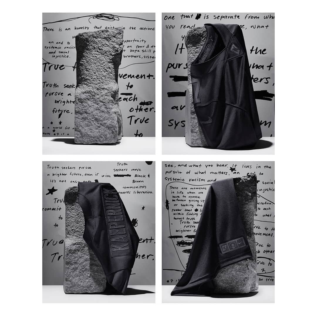 Four-panel studio shot of a draped black bag over a stone pedestal against a backdrop of writing and design elements in monochrome.
