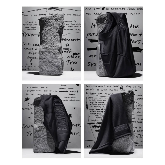 Four-panel studio shot of a draped black bag over a stone pedestal against a backdrop of writing and design elements in monochrome.