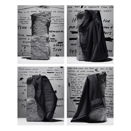 Four-panel studio shot of a draped black bag over a stone pedestal against a backdrop of writing and design elements in monochrome.