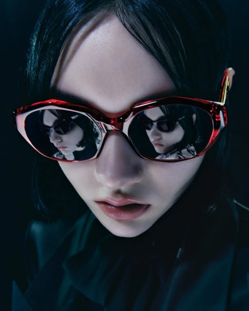 A young adult with short dark hair wearing red sunglasses that reflect another face with sunglasses, close-up shot, dark background.