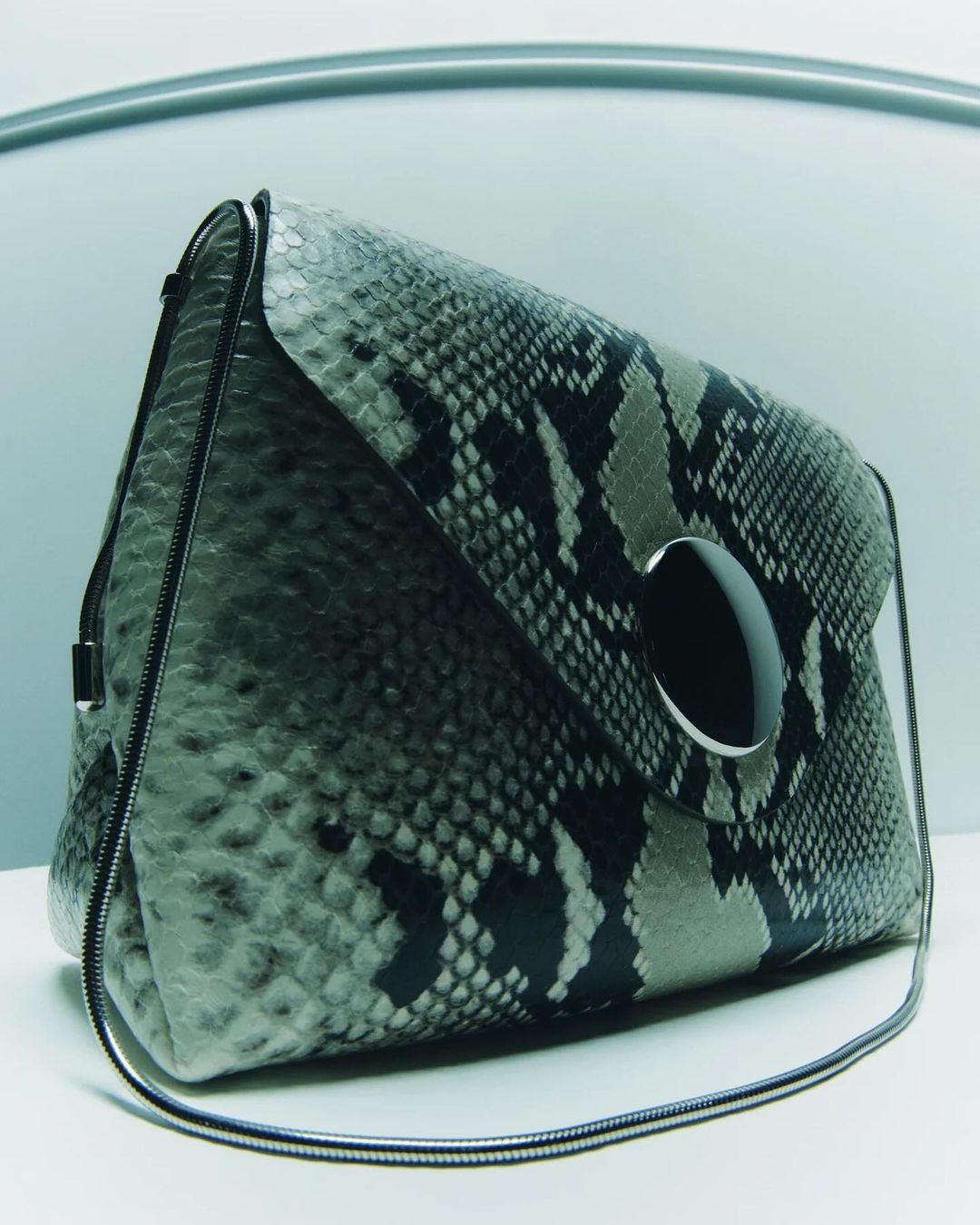 Fashionable snakeskin clutch purse with a metal closure and chain strap, photographed in a studio setting.